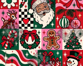 Retro Christmas Seamless Pattern: Santa, Reindeer, Gingerbread (Digital Download)