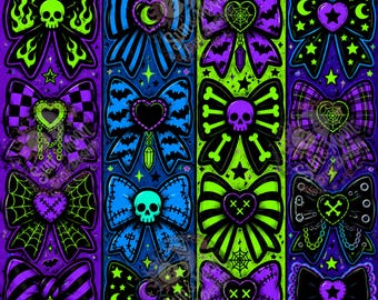 Neon goth alt spooky Halloween bows seamless pattern
