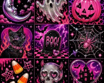 Y2K chrome Halloween tiles seamless pattern