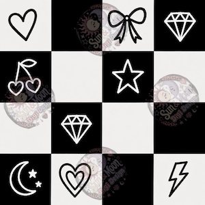 May include: A digital graphic pattern featuring a black and white checkerboard background. The design includes white line art icons of a heart, a bow, a diamond, cherries, a star, a crescent moon with two small stars, and a lightning bolt.