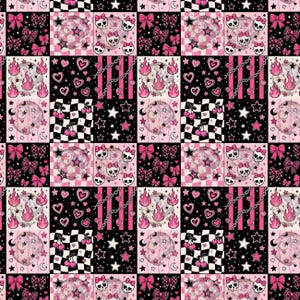 May include: A repeating pattern fabric design featuring a grid of black and pink squares. The motifs include skulls with pink bows, pink flames, cherries, stars, hearts, chains, checkered patterns, and bows in various shades of pink and black.