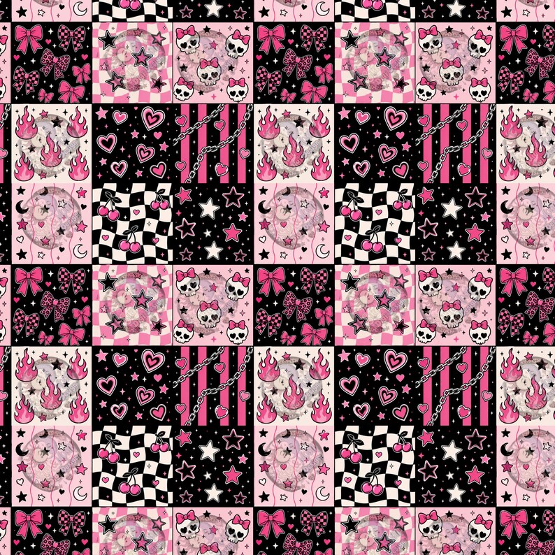 May include: A repeating pattern fabric design featuring a grid of black and pink squares. The motifs include skulls with pink bows, pink flames, cherries, stars, hearts, chains, checkered patterns, and bows in various shades of pink and black.