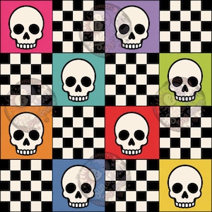 May include: A repeating grid pattern featuring alternating squares of black and white checkerboard designs and solid coloured squares containing a white skull illustration. The background colours include pink, purple, teal, lime green, orange, red, blue, and yellow.