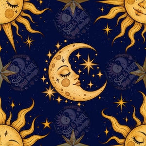 May include: A seamless pattern featuring golden crescent moons and suns with human-like faces on a dark navy blue background. The design includes various four-pointed stars and a repeating watermark text that reads Sun & Moon Digi Design.
