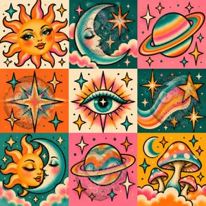 Könnte beinhalten: Ein Raster aus neun quadratischen Illustrationen mit Himmels- und Naturmotiven. Die Bilder zeigen eine Sonne, eine Mondsichel, einen Planeten mit Ringen, einen Stern, ein Auge, einen Regenbogen, ein Sonnen-Mond-Paar, einen Planeten und drei Pilze mit Sternen.