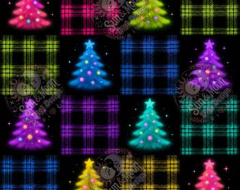 Funky trees and tartan Christmas seamless pattern