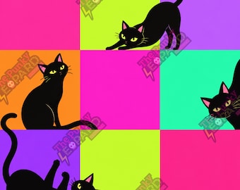 Neon playful cats seamless pattern