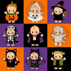 May include: A grid of nine illustrations featuring babies in various Halloween costumes, including a pumpkin, ghost, witch, skeleton, vampire, mummy, black cat, bat, and Frankenstein's monster, set against orange, purple, and black backgrounds.
