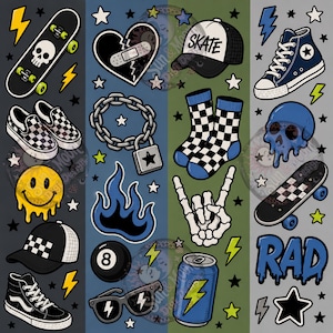May include: A digital sticker sheet featuring various illustrations including a skull skateboard, checkered slip-on shoes, a melting smiley face, a baseball cap, high-top sneakers, a broken heart, a chain with a padlock, blue flames, an 8-ball, sunglasses, a skate hat, checkered socks, a skeleton hand, a soda can, and the word RAD.