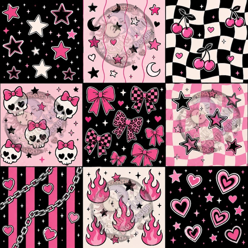 May include: A digital pattern sheet featuring nine squares with pink, black, and white graphics. Designs include stars, cherries, skulls with bows, checkered bows, chains, flames, and hearts. The layout displays a repeating aesthetic of punk-inspired motifs.