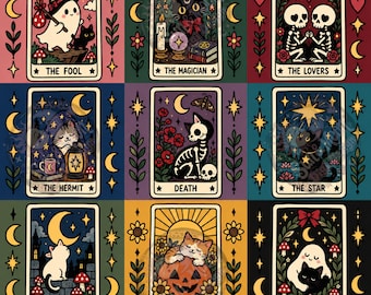 Spooky Tarot Seamless Pattern: Cats, Skulls, Magic (Digital Download)