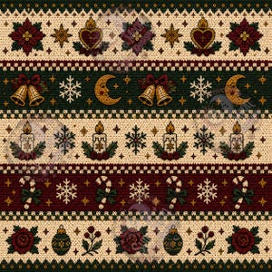 May include: A seamless textile pattern featuring horizontal bands of knit-style graphics. The design includes poinsettias, sacred hearts, golden bells, crescent moons, snowflakes, candles, candy canes, ornaments, and roses in red, green, and cream.
