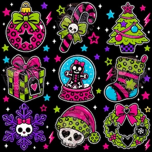 May include: A digital illustration featuring nine Christmas-themed icons on a black background with colorful stars and lightning bolts. Elements include a leopard-print ornament, a skull candy cane, a decorated tree, a gift, a gingerbread skeleton in a snow globe, a stocking, a skull snowflake, a skull in a Santa hat, and a wreath.