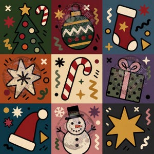 May include: A grid of nine square panels featuring Christmas icons including a green tree, a striped candy cane, a red stocking, a star, a gift box, a red hat, and a snowman, all accented with small geometric shapes and confetti patterns.
