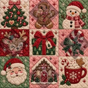 Peut inclure: Un panneau en tissu matelassé composé de neuf carrés illustrant des motifs de Noël : un sapin décoré, un bonhomme en pain d'épices, un bonhomme de neige, un renne, un cadeau, un sucre d'orge, le Père Noël, une maison en pain d'épices et un mug.