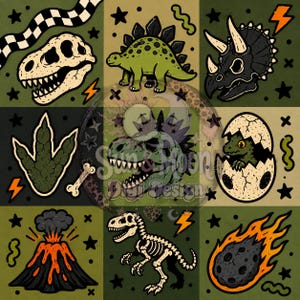 May include: A grid of nine illustrations featuring a dinosaur skull, a green stegosaurus, a triceratops skull, a dinosaur footprint, a hatching baby dinosaur, a volcano, a skeleton, and a meteor, with the text Sun & Moon Digi Designs.