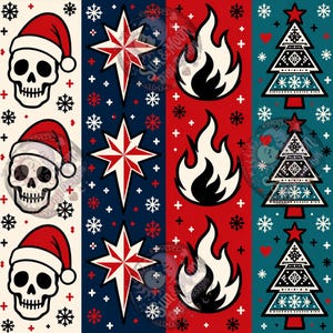 May include: A digital pattern featuring four vertical columns. The first column shows skulls wearing red Santa hats on a cream background. The second has red and white stars on navy. The third displays black flames on red. The fourth has Christmas trees on teal.