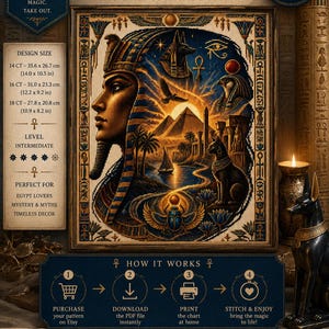 Puede incluir: Un patrón de punto de cruz titulado Dawn of Anubis que muestra el perfil de un faraón egipcio, pirámides, un gato y un escarabajo. El diseño tiene un conteo de 200 por 150 puntadas y enumera tamaños para tela de 14, 16 y 18 en centímetros.