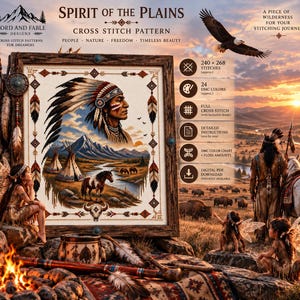 May include: A cross stitch pattern titled Spirit of the Plains featuring a profile of a person in a feathered headdress, a mountain landscape, teepees, a horse, and a buffalo skull. The design includes 240 by 268 stitches and 24 DMC colors.