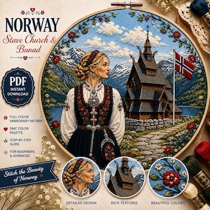 May include: An embroidery pattern kit featuring a circular hoop with a stitched scene of a person in a traditional bunad dress standing before a Norwegian stave church, mountains, and a flag. Includes text: NORWAY Stave Church & Bunad PDF.