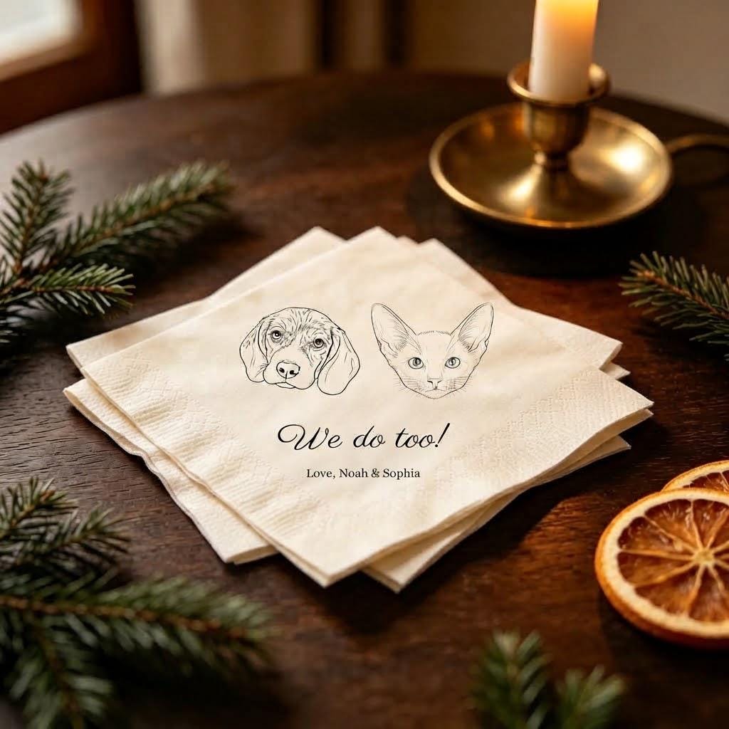 Custom Dog Drawing Napkins, Personalized Pet Themed Wedding Napkins, Pet Portrait Party Napkins