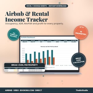Peut inclure: Un tableur numérique de suivi des revenus Airbnb et locatifs pour Excel et Google Sheets. Le tableau de bord affiche un résumé de portefeuille, un graphique à barres des revenus et bénéfices nets, et un calculateur de seuil de rentabilité.