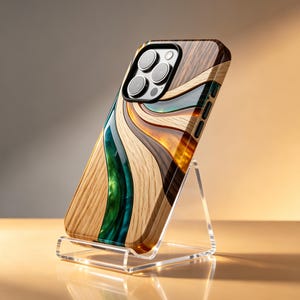 May include: A smartphone case featuring a combination of light and dark wood grain patterns interspersed with flowing, translucent resin waves in shades of emerald green and amber, with a black camera module cutout on the upper left corner.