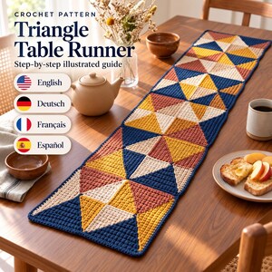 Puede incluir: Un patrón de ganchillo para un camino de mesa triangular, presentado como una guía ilustrada paso a paso. El camino presenta un patrón geométrico de triángulos en hilos de color azul marino, amarillo mostaza, terracota y crema.
