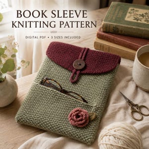 May include: A sage green knitted book sleeve with a dark maroon flap, a wooden button closure, and a small crocheted rose embellishment. The sleeve features a front pocket containing tortoiseshell glasses and text reading BOOK SLEEVE KNITTING PATTERN.