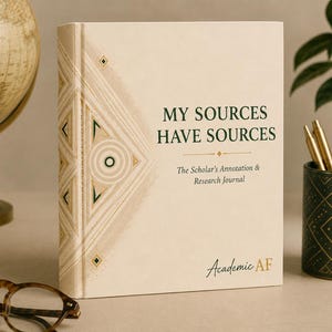 May include: A cream-colored hardcover journal titled My Sources Have Sources: The Scholar's Annotation & Research Journal, featuring dark green text and geometric gold accents on the cover, with the text Academic AF printed at the bottom.