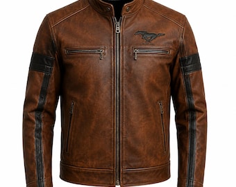 Mustang handgemaakte bruine motorjas met een verweerde look, vintage motorjas voor heren, bikerstijl