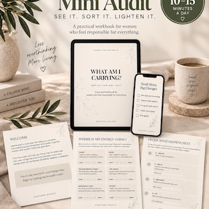 May include: A Mental Load Mini Audit workbook set featuring a tablet and smartphone displaying digital pages, alongside printed sheets titled Welcome, Where Is My Energy Going, and Decide What Happens Next, with a gold pen and a ceramic mug.