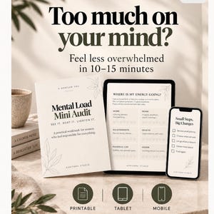 May include: A Mental Load Mini Audit workbook, a tablet displaying a digital energy audit form, and a smartphone showing a checklist titled Small Steps, Big Changes. The text reads Too much on your mind? Feel less overwhelmed in 10-15 minutes.