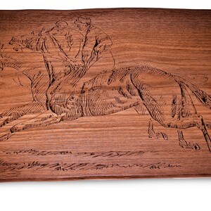 Live edge walnut slab equestrian horse racing scene engraved carved art top console hall sofa table Very Unique