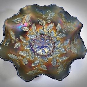 Vintage Older Unmarked Fenton Holly Leaf Cobalt Carnival Glass Centerpiece Bowl