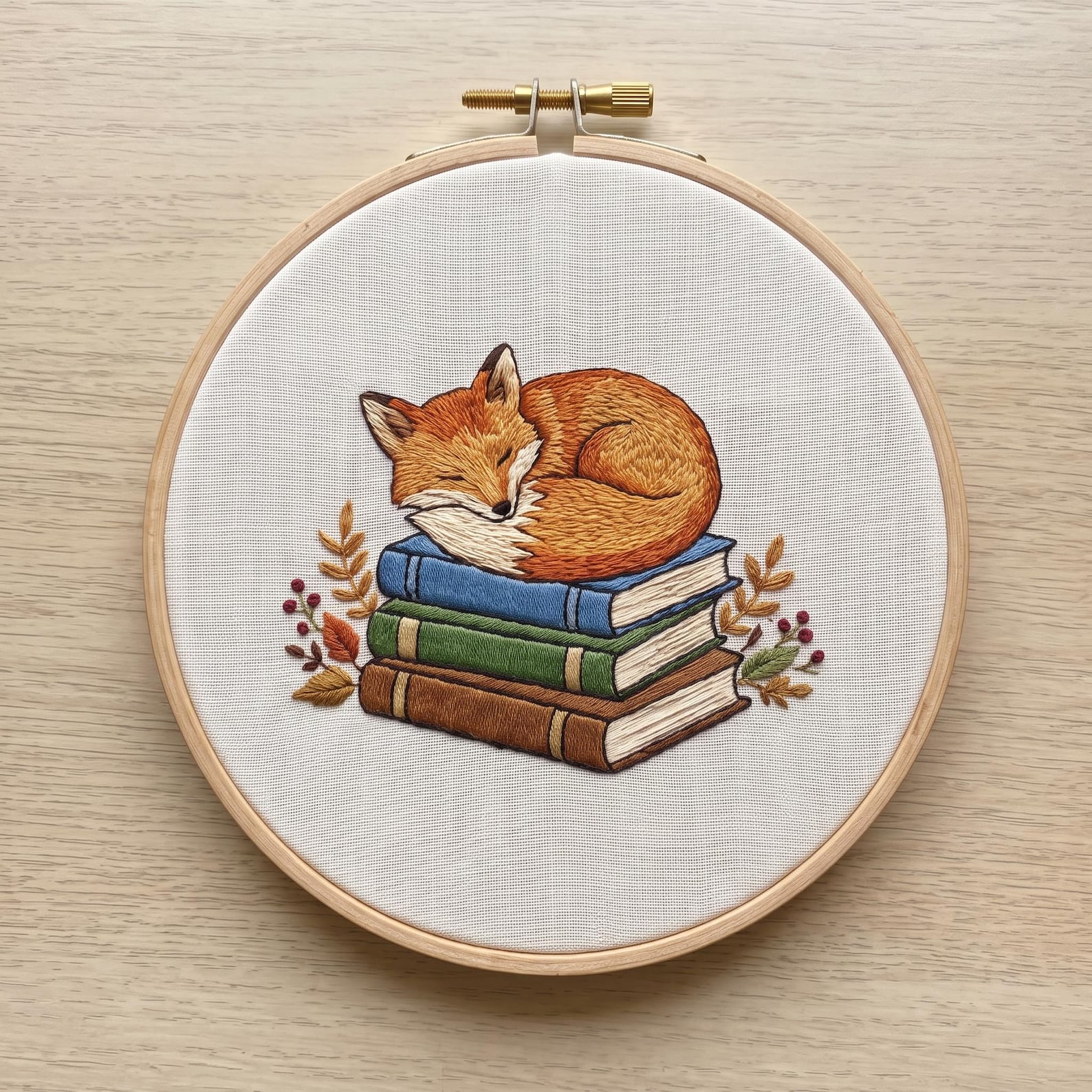 Fox Embroidery Kit, Sleeping on Book Stack, Pre-Printed Cotton with Wood Hoop