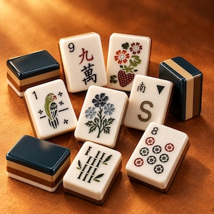 May include: A collection of rectangular mahjong tiles with cream-colored faces and dark blue and brown backs. The tiles feature various designs including a green parrot, a strawberry plant, a blue flower, the number 9 with Chinese characters, the letter S, and floral patterns.