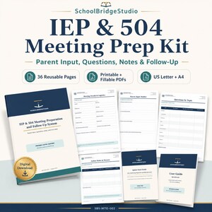 Può includere: Un kit di preparazione per riunioni IEP & 504 di SchoolBridgeStudio con 36 pagine riutilizzabili, PDF stampabili e compilabili in formato US Letter e A4. Include un manuale, moduli per la logistica, input dei genitori e domande.