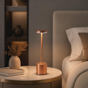 Puede incluir: Una lámpara de mesa inalámbrica de color cobre con una base cilíndrica y un vástago vertical delgado que sostiene una parte superior plana y circular, la cual emite un brillo suave y cálido desde su parte inferior para iluminar la mesita.