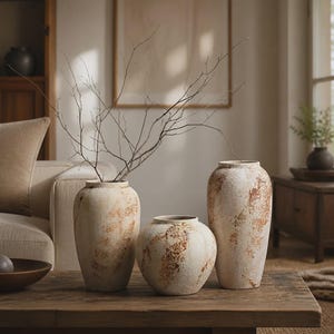 May include: Three ceramic vases with a textured, off-white finish and mottled brown patches. The two taller vases are cylindrical with narrow necks, while the central vase is spherical. Bare, thin, dark brown branches extend from the vases.