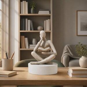 Puede incluir: Una escultura abstracta de color beige moteado que representa una figura sentada leyendo un libro, colocada sobre una base cilíndrica blanca lisa. La figura tiene una cabeza lisa sin rasgos y está en posición de loto con una mano en la barbilla.