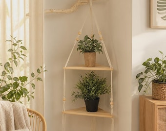 Boho Macrame Wood Corner Shelf - Wall Hanging Plant Display & Storage