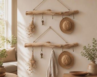 1 Natural Driftwood Wall Hook Racks, 5 Metal Hooks for Jewelry & Key Storage