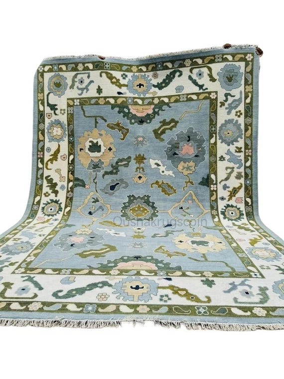Blue Oushak Rug8x10 9X12 Vintage Turkish Rug Hand knotted Rug Floral Oushak Rug Light Blue Ivory Rug 12x15 12x18 Living room Rug