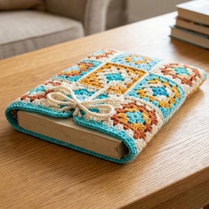 May include: A rectangular book cover made of crocheted granny squares in shades of turquoise, mustard yellow, and burnt orange. The cover features a cream-colored crocheted border and a matching cream-colored yarn tie closure on the front.