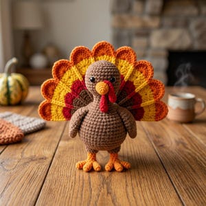 Peut inclure: Une figurine de dinde au crochet avec un corps marron, des pattes orange, un bec et une caroncule rouge. La queue est un éventail de points de crochet superposés en bandes alternées de jaune, orange et rouge foncé, avec des yeux en perles noires.