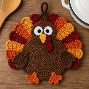 Puede incluir: Un agarrador de cocina tejido a ganchillo con forma de pavo, con cuerpo marrón, plumas de cola naranjas y rojas, ojos blancos y negros, pico amarillo y una carúncula roja. El pavo tiene un lazo para colgar y dos patas naranjas.
