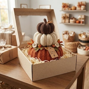 May include: A stack of three crocheted pumpkins in dark brown, cream, and orange, nestled in a cardboard gift box with shredded paper filler. The pumpkins are decorated with small fabric leaves and berries, and a tag reads Handmade with Love.