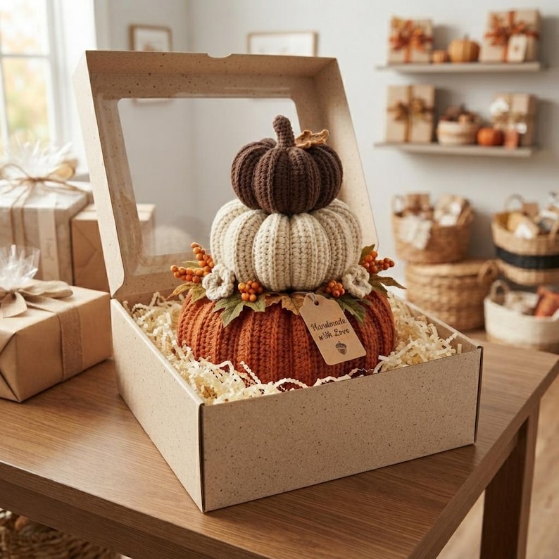 May include: A stack of three crocheted pumpkins in dark brown, cream, and orange, nestled in a cardboard gift box with shredded paper filler. The pumpkins are decorated with small fabric leaves and berries, and a tag reads Handmade with Love.