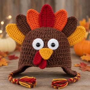 May include: A brown crochet hat designed to look like a turkey, featuring large white eyes with black pupils, a yellow beak, and a red wattle. The hat has a fan of colorful feathers in red, orange, and yellow, with braided earflaps ending in tassels.